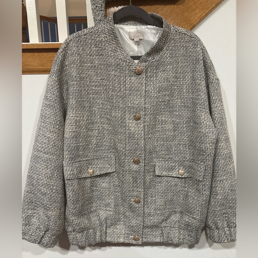 NWT Loft Blue Tweed Oversized Bomber Jacket With Gold Buttons - Large